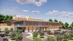 An architectural rendering of the south west facade of Fairview Hospital featuring the new entrance and emergency facilities.