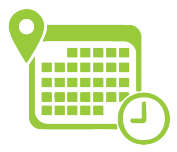 Green Save the Date icon with position, calendar, and clock iconography.